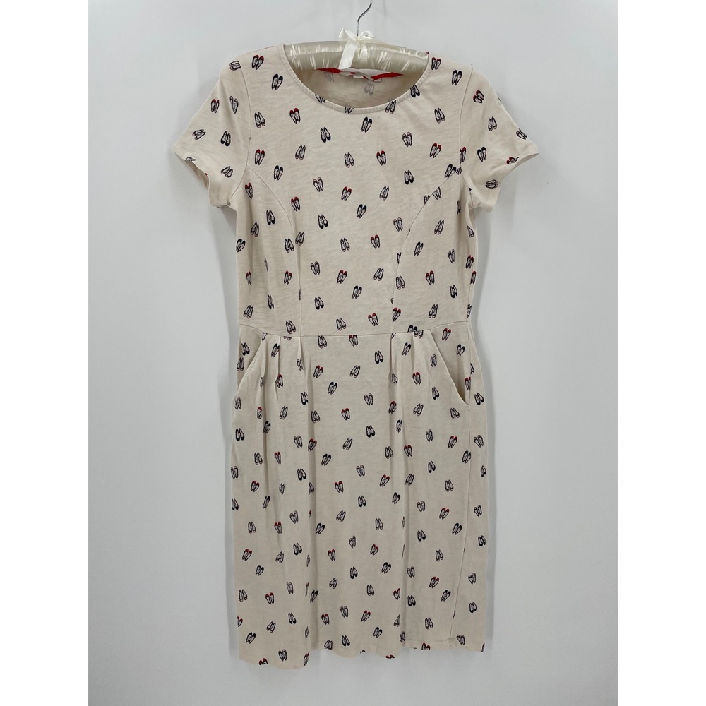 Boden Womens Cream Cotton Ballet Flat Print Short Sleeve Pocket Dress US 10R